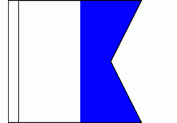 International Code Flag A is blue and white, with a vertical white stripe on the left and a blue field on the right.