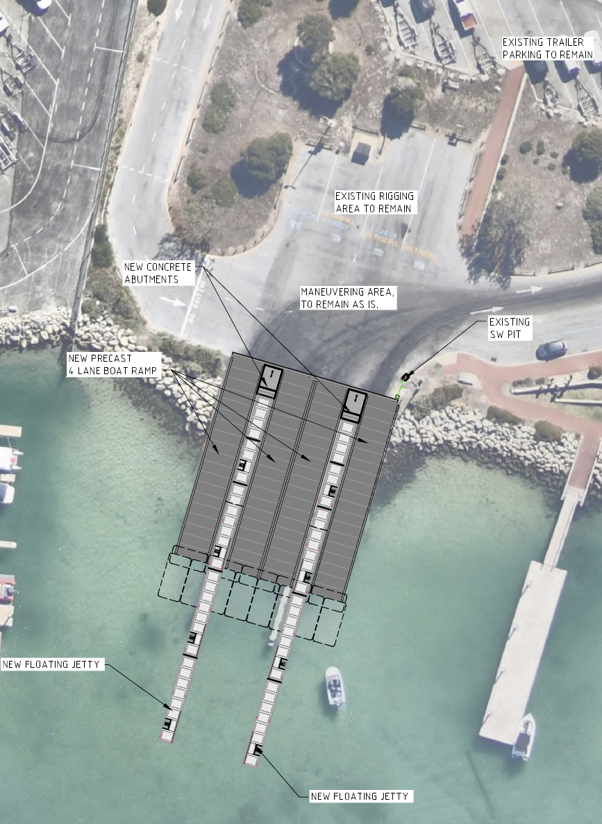 Diagram showing positioning of new precast 4 lane boat ramp, 2 new floating jetties, new concrete abutments; and rigging, manoeuvring, SW pit and trailer parking to remain as existing.