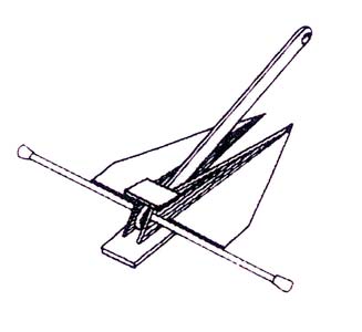 The Danforth anchor has two large, flat, triangular flukes attached to a long shank. The flukes are hinged at the shank and are designed to dig into the seabed, allowing them to orient themselves towards the seabed at an optimal angle.