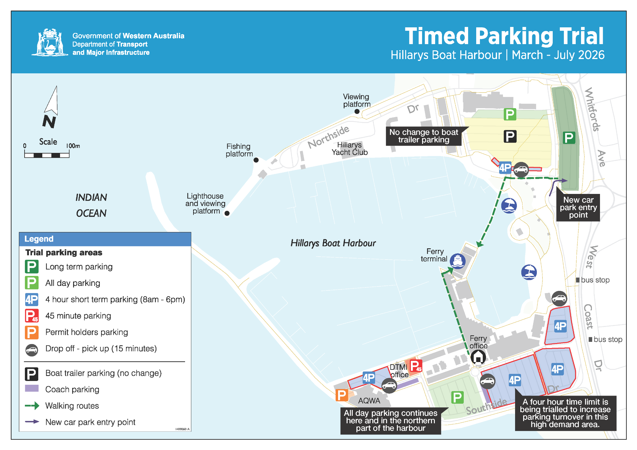 Map of the Timed Parking Trial at Hillarys Boat Harbour happing March to April 2026