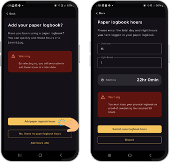 Screenshots of Learn&Log application on a phone screen. 