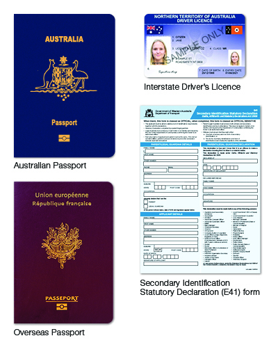 Australian passport, interstate licence and statutory declaration form. 