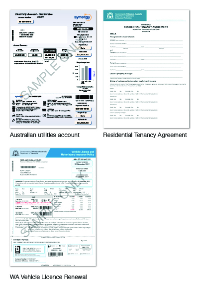 Utility bill, Residential tenancy agreement document and WA vehicle licence renewal bill