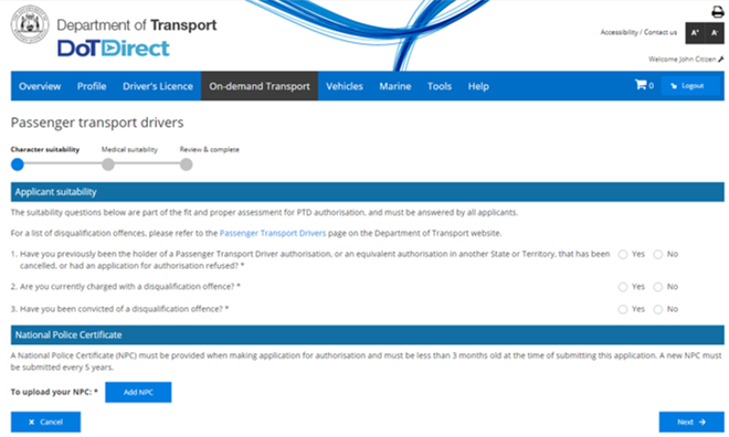 PTD authorisation application: character suitability