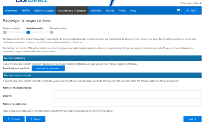 PTD authorisation application: medical suitability