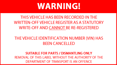 Statutory written-off vehicle warning label (sample)