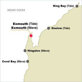 Map of locations in around Exmouth with historical wave and tide data