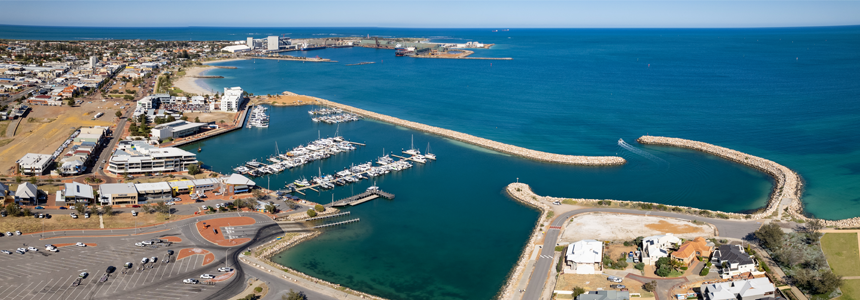 Aerial photo of Batavia Marina and surrounding infrastructure.