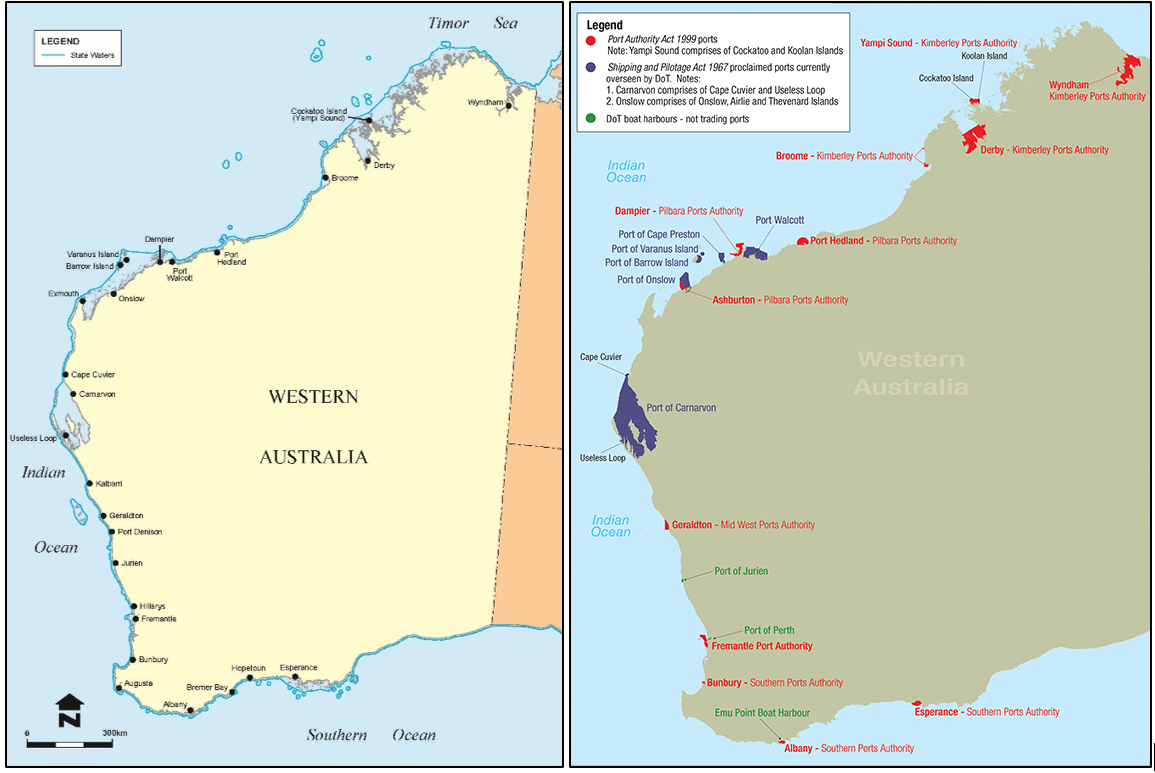 Map showing locations of WA State Water and WA Port Waters.