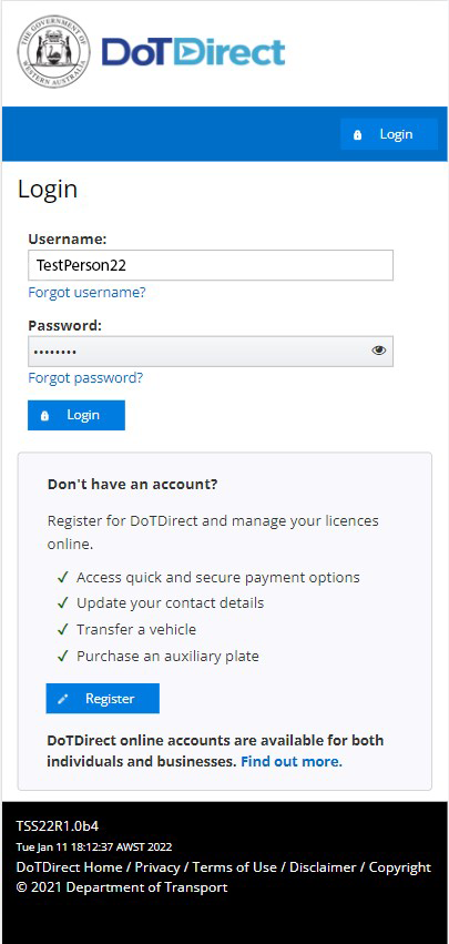 Getting a copy of your PTV - mobile: log in screen