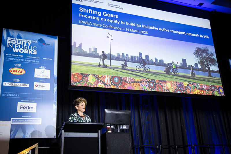 DoT Manager Built Environment Sarah Court speaking at the IPWEA WA Equity in Public Works State Conference.