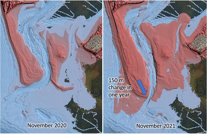 Diagram showing 150m change in sandspit progression between November 2020 and November 2021.