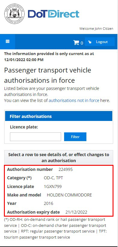 Getting a copy of your PTV mobile: passenger transport vehicle selection